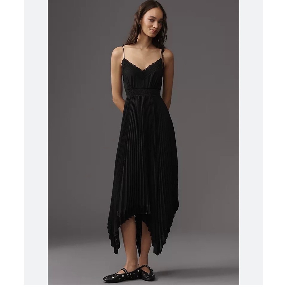 Anthropologie Exquise Black Pleated Midi Dress Womens 6 Handkerchief Hem